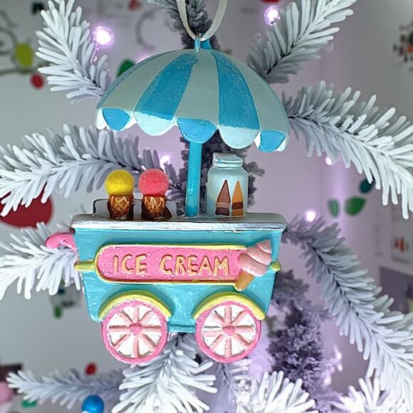 Cotton Candy & Ice Cream Carts Christmas Tree Ornaments Striped Roof Blue Pink - Picture 3 of 8
